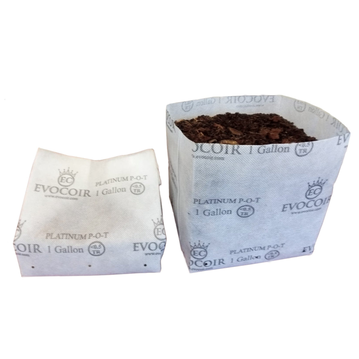 Evocoir Platinum P-O-T 70/30 coco open top bag - 1 gallon compressed next to expanded bag