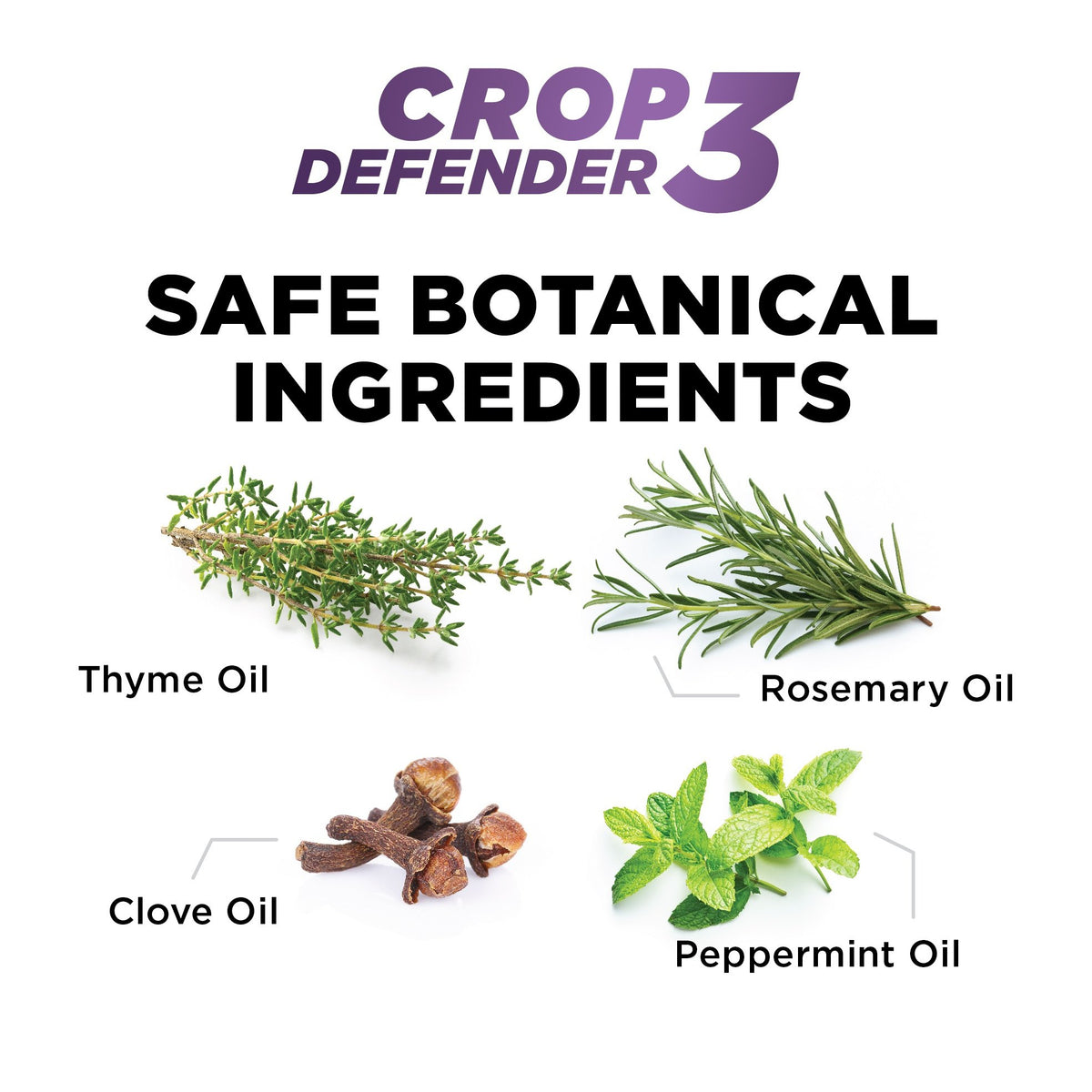 Grower's Ally Crop Defender 3 Concentrate - thyme, rosemary, clove and peppermint oil ingredients graphic