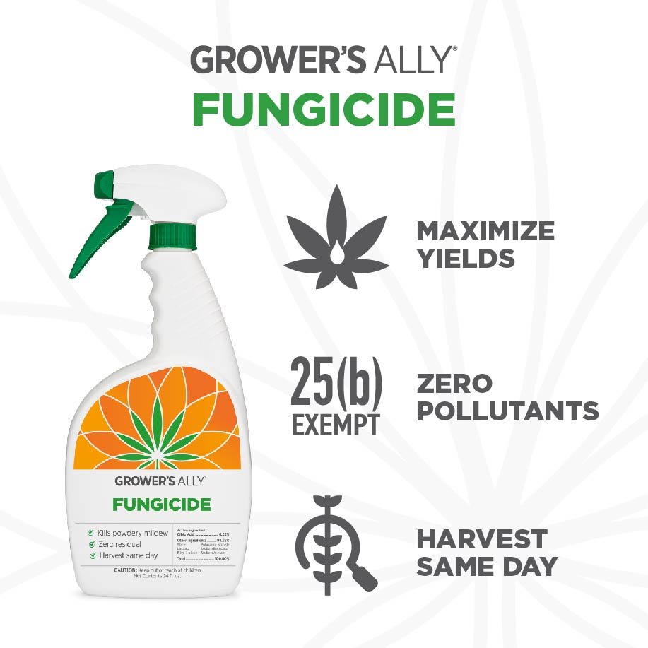 Grower's Ally Fungicide RTU 24 oz - spray bottle with 25(b), zero pollutants and harvest same day icons