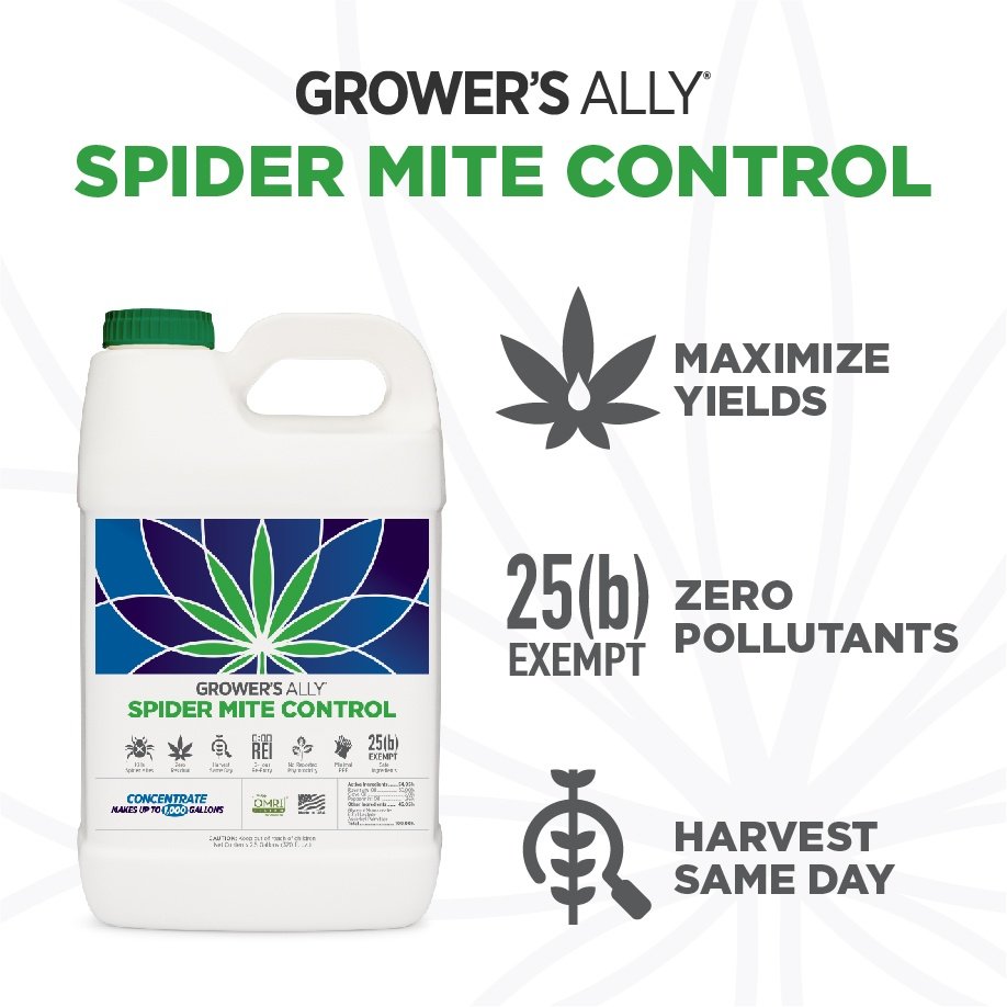 Grower's Ally Spider Mite Control Concentrate 2.5 gal - jug with 25(b), zero pollutants and harvest same day icons