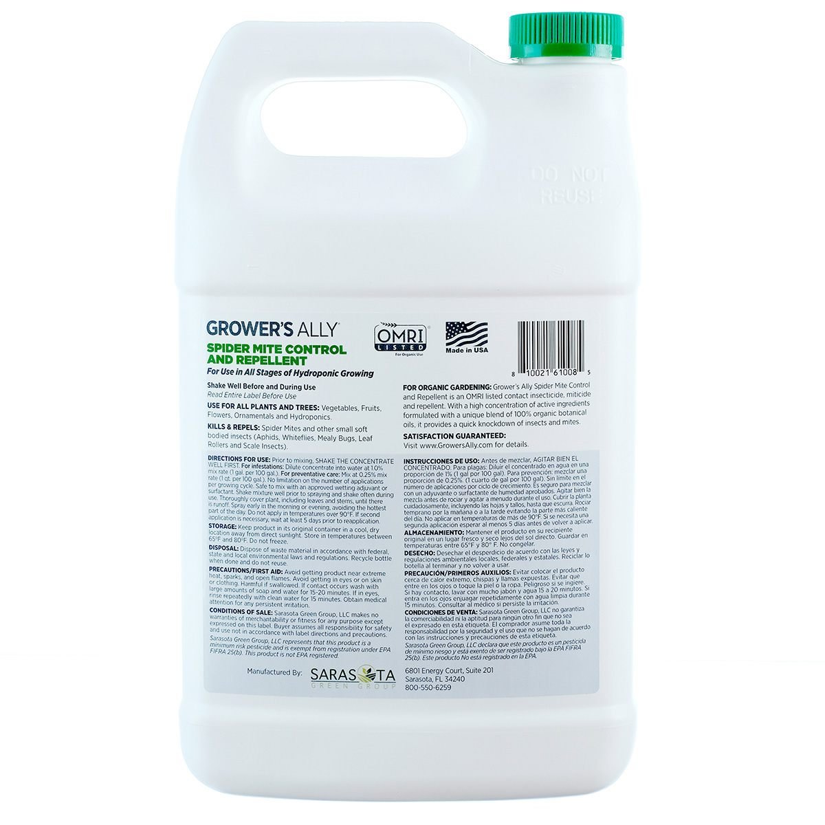 Grower's Ally Spider Mite Control Concentrate 1 gal - back label with directions