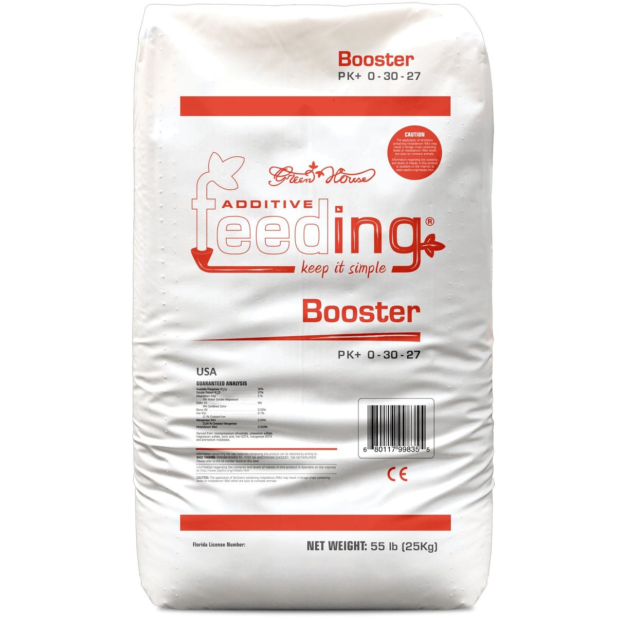 Green House Feeding Mineral Line Booster PK+ 0-30-27 additive - 25 kg (55 lb) sack front with US analysis