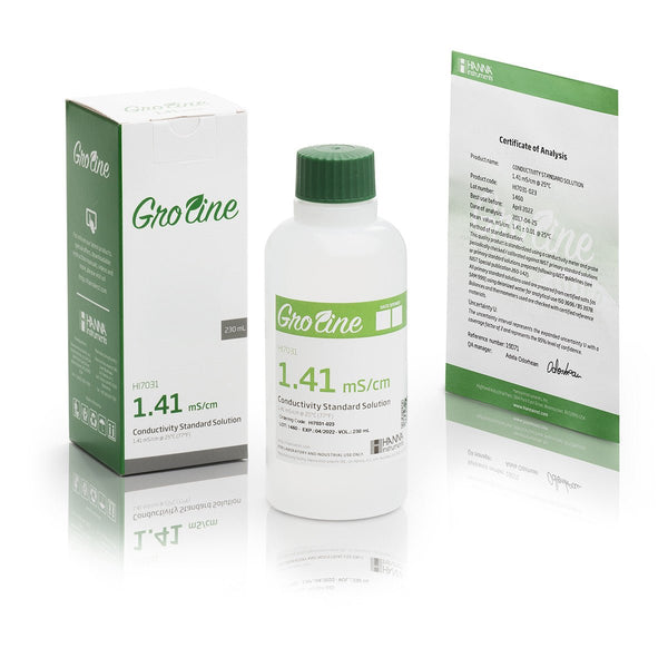 GroLine 1413 µS/cm @25°C Conductivity Standard Solution, box with Certificate of Analysis, 230 mL bottle - Black Label Supply llc