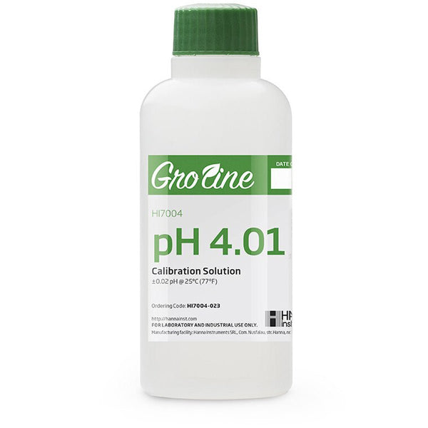 GroLine pH 4 buffer (+/ - 0.02 pH accuracy), 120 ml, box, certificate of analysis - Black Label Supply llc
