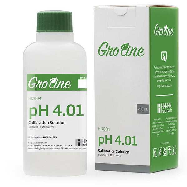GroLine pH 4 buffer (+/ - 0.02 pH accuracy), 120 ml, box, certificate of analysis - Black Label Supply llc