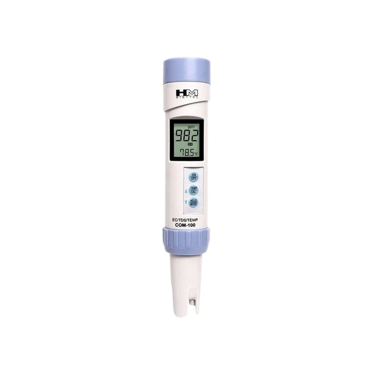 HM Digital COM-100 EC/TDS/Temp pen meter - front view on white