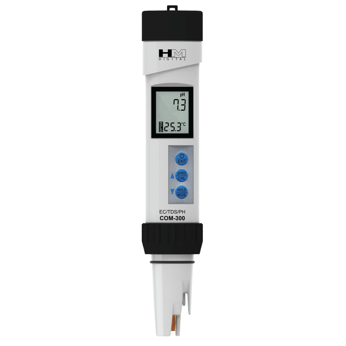 HM Digital COM-300 pH/EC/TDS/Temp pen meter - front view on white