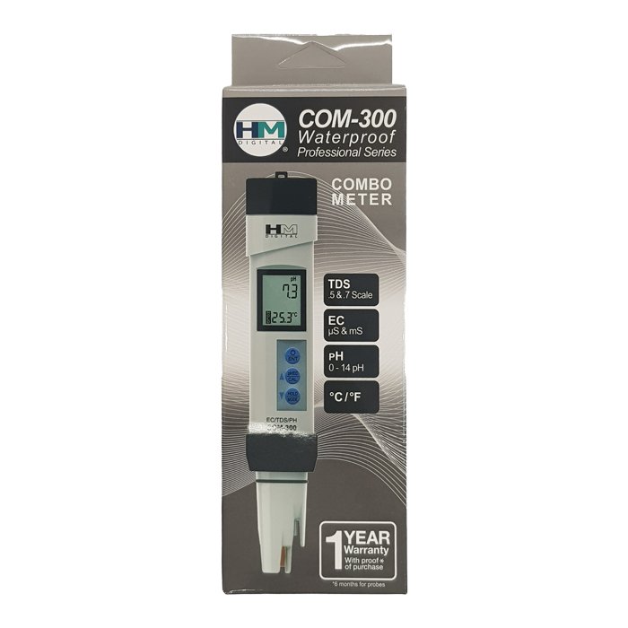 HM Digital COM-300 pH/EC/TDS/Temp pen meter - retail box front