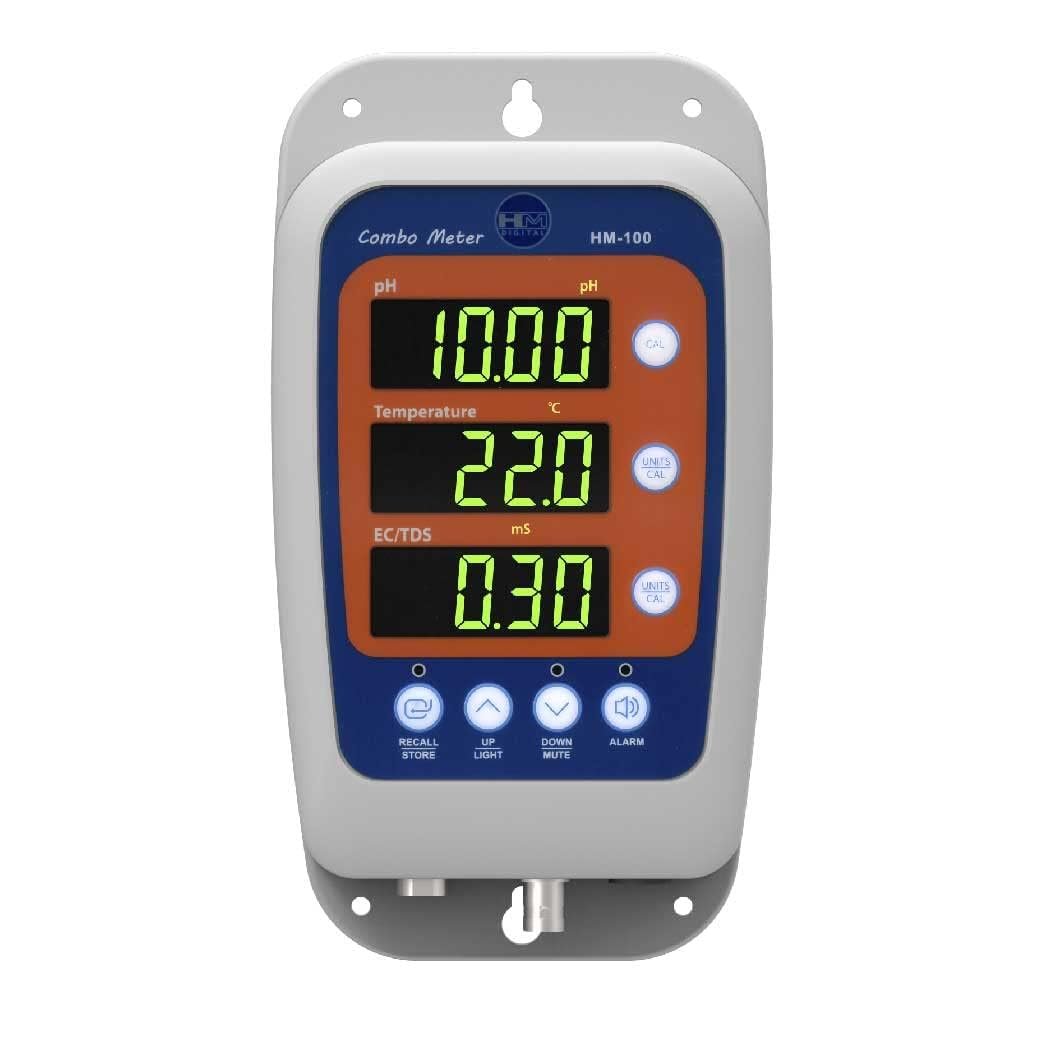 HM Digital HM-100 continuous pH/EC/TDS/Temp monitor - front view on white