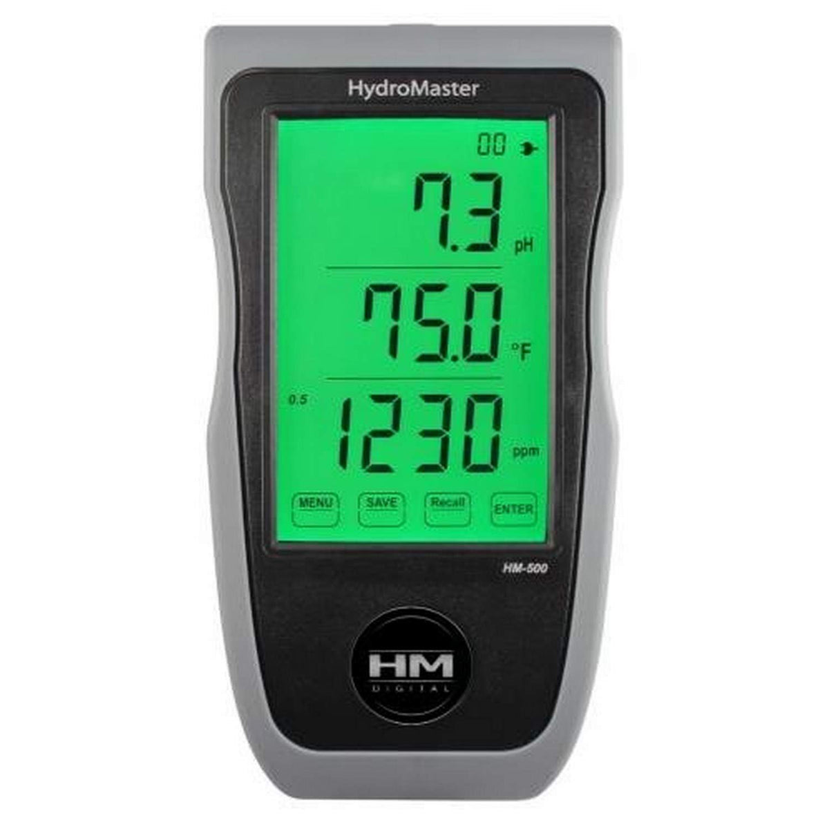 HM Digital HydroMaster HM-500 continuous pH/EC/TDS/Temp monitor - front view, backlight on