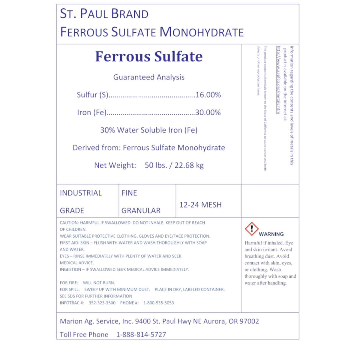 50# Ferrous Sulfate 30% Fines (Organic)